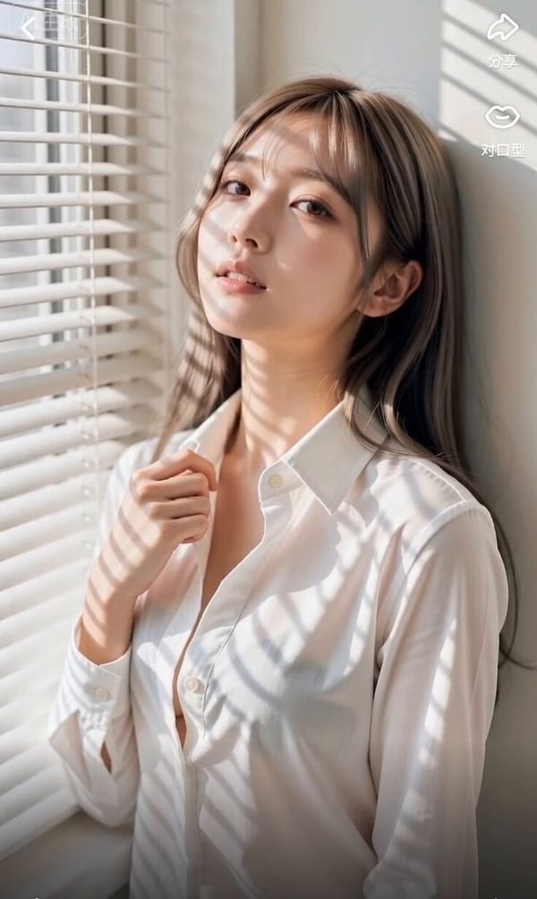 主要角色：年轻东亚女性，浅棕灰调长直发搭配空气刘海，清透伪素颜淡妆，宽松白色长袖衬衫（领口微敞），皮肤细腻通透，神态清冷松弛又带随性张力。在整个视频中保持一致的身份、服装、发型和外貌。 地点…