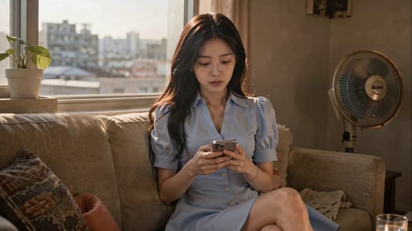 CONSISTENT SUBJECT (all clips): a young Korean woman, late 20s, jet-black wavy hair just past t…
