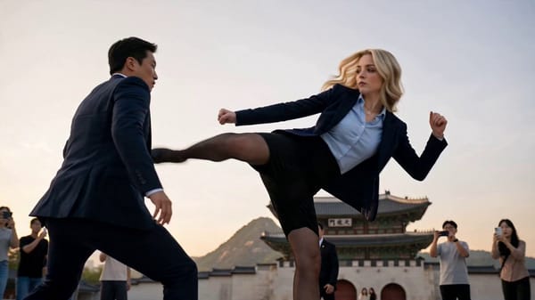 A cinematic action sequence from a Korean drama: A beautiful young western woman in her mid-20s…