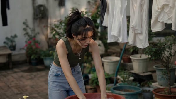 A beautiful young woman is hand-washing clothes outdoors in a quiet residential courtyard during go… prompt example