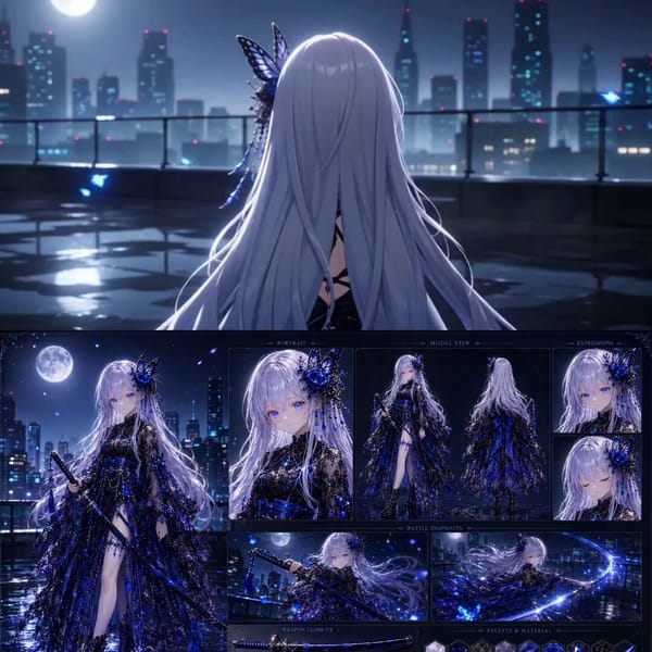 ソース参照画像のキャラクターを参照し、同じ人物として維持する。参照画像はキャラクターの顔、目の形、虹彩色、髪型、髪色、衣装、装飾、体格、シルエット、雰囲気、キャラクターカラー、固有モチーフ、…