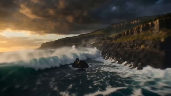 FPV shot: The camera races low across a storm-battered coastline at sunrise as gigantic waves s…