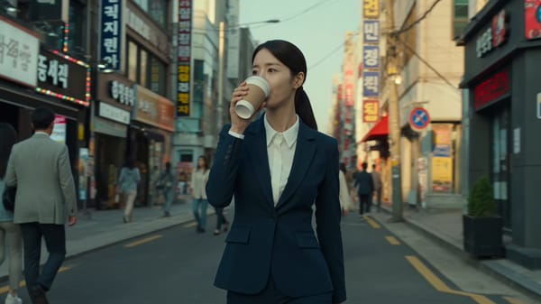Korean drama visual aesthetic: photorealistic, soft cinematic lighting, muted teal-and-amber co…