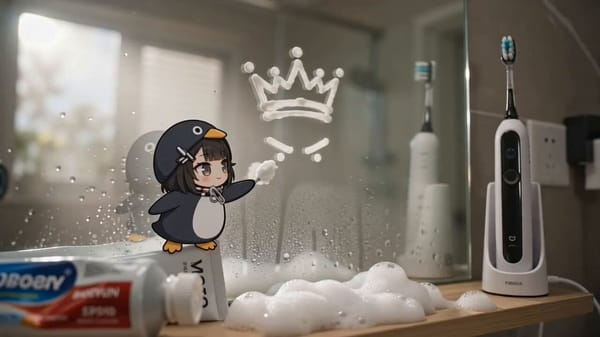 15秒。真人实拍写实浴室洗手台 + 一个扁平2D贴纸小人。图1只作为咕嘎角色参考：企鹅连帽服、黄色鸟嘴帽檐、黑色短发、灰蓝眼睛、白肚皮、小黄脚、左侧黑白银色机械发夹带一点红色细节、白色贴纸描边。保持… prompt example