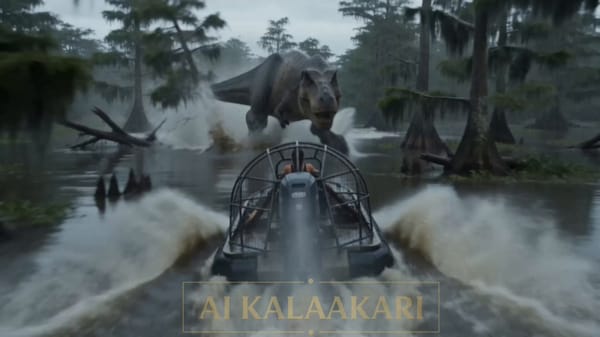 Beat 1 An airboat is already skimming across flooded Louisiana swamps while a t-Rex charges thr…