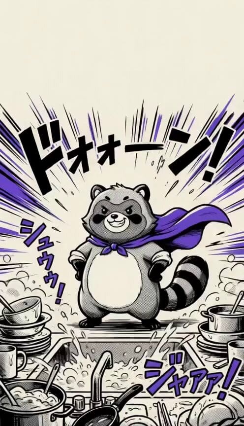 The caped tanuki plants his fists on his hips and puffs out his chest proudly, cape and fur rip…