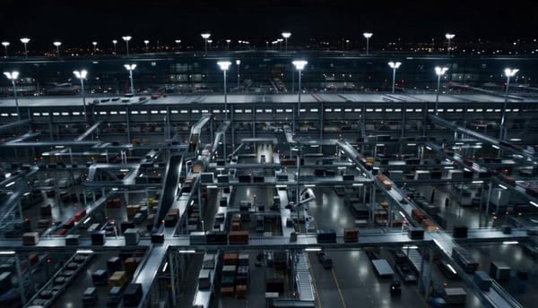 Hyper-realistic cinematic action sequence Night. Inside a massive futuristic airport cargo terminal… prompt example