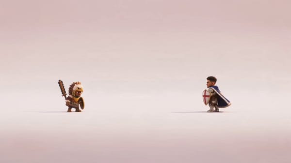 Create a 15-second stylized 3D animated duel in a seamless pure white void — no environment, on…