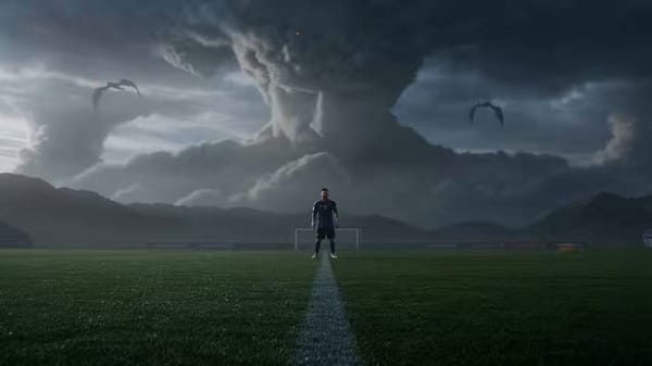 Cinematic 10-second transformation, 16:9, 24fps: Messi in a match against Cape Verde (dark blue…