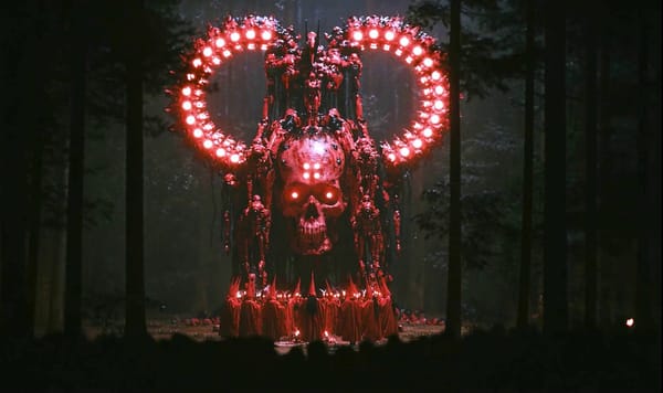 A terrifying occult ritual takes place in a dark forest at night, centered around a colossal re…