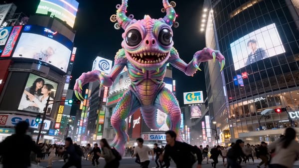 スタイル:フォトリアル。実写映画。 概要:画像3のクリーチャーが渋谷のスクランブル交差点であばれる、画像1の女性と画像2の女性が共闘して画像3のクリーチャーを日本刀で倒す。 ※血の表現は絶対…