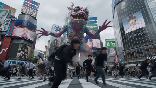 スタイル:フォトリアル。実写映画。 概要:画像3のクリーチャーが渋谷のスクランブル交差点であばれる、画像1の女性と画像2の女性が共闘して画像3のクリーチャーを日本刀で倒す。 ※血の表現は絶対…