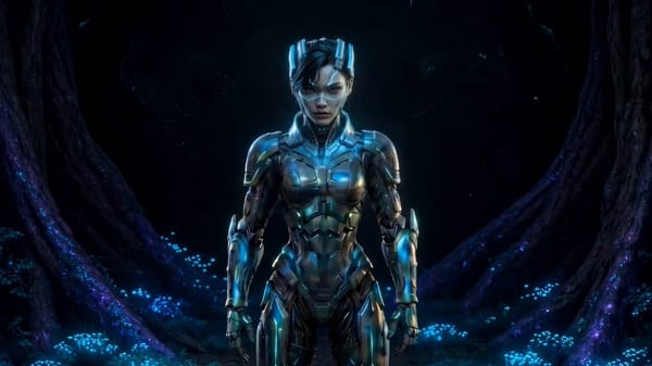 Cinematic sci-fi action sequence tracking a futuristic female warrior in glowing metallic armor…