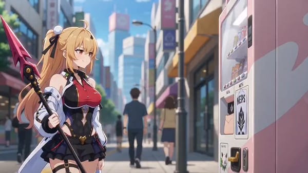Use the same Cissia character throughout. Cissia inserts a coin into a cute vending machine to…