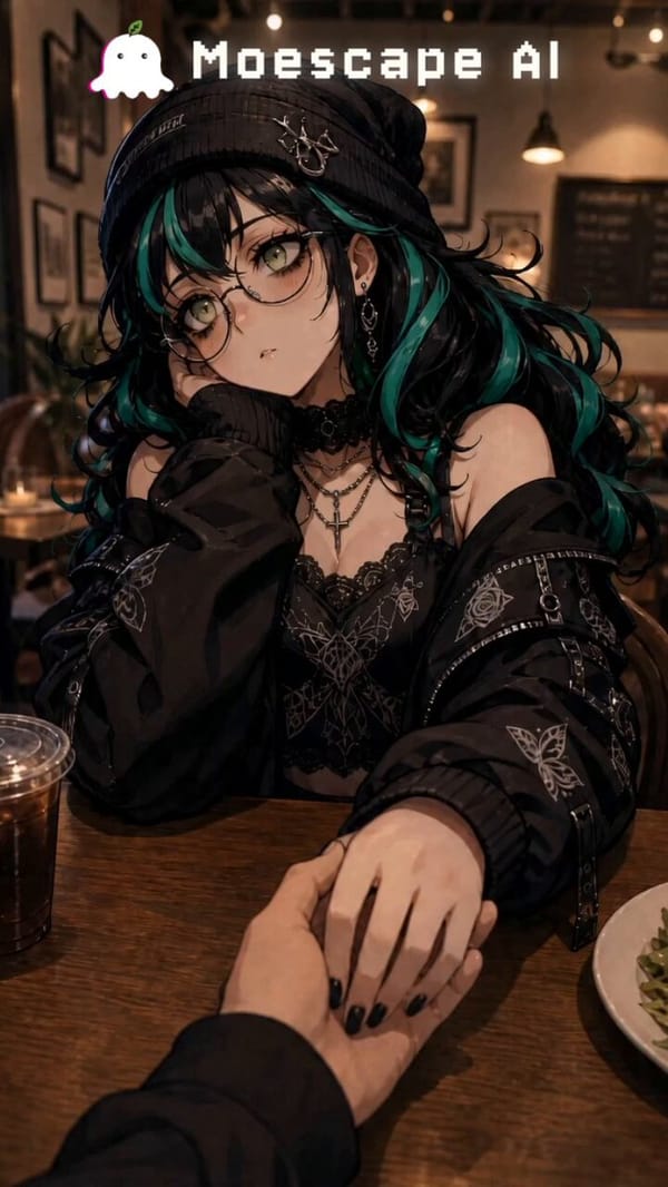 Male POV shot, cozy evening café date with an adult anime goth girl. She sits across the table…