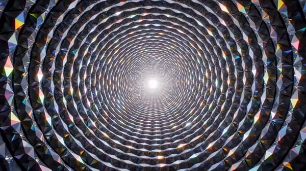 Rainbow spiral tunnel made of tiny crystals. 5 seconds. Loops perfectly. Pure generative motion…