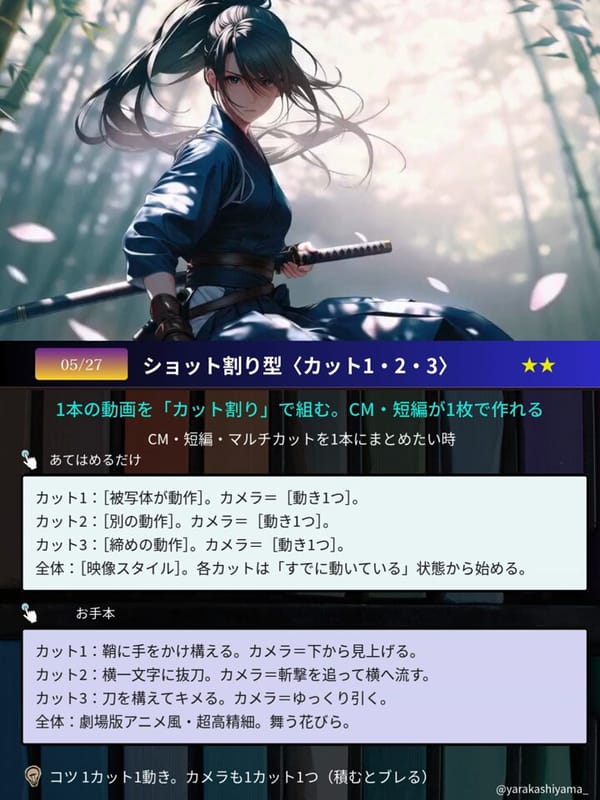 劇場版アニメ風・超高精細。なめらかなモーションブラー。舞う花びら。 顔・服・小物は最後まで崩さない。カットを4つに割る。各カットは「すでに動いている」状態から始める。 カット1（構え）：鞘に…