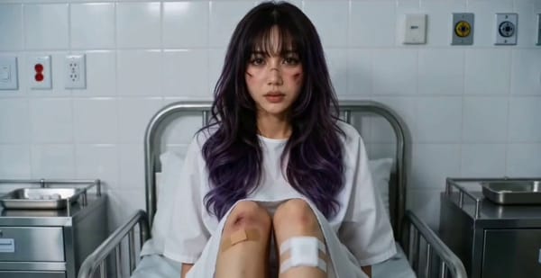 Ultra cinematic chaotic hospital music video inspired by emo punk aesthetics. A beautiful curvy…