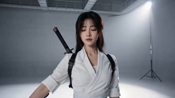 以参考图中的成年女性剑客为主角，保持人物五官、发型、服装、武器和整体冷白色视觉风格一致。银灰色极简空间内，一名黑衣蒙面剑客从画面侧后方高速突袭，女剑客瞬间察觉，眼神从平静转为凌厉，身体先轻微…