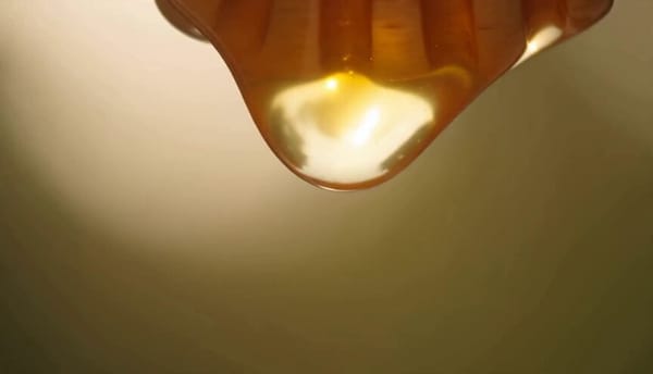 Luxury honey product film, ultra-photorealistic editorial style. Warm golden palette: amber hon…