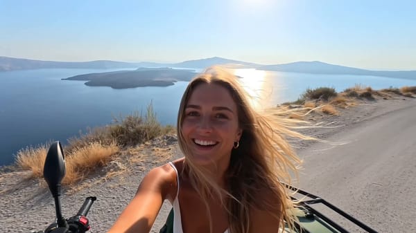 Young female travel vlogger exploring Santorini, Greece, beautiful with long wavy sunlit hair,…