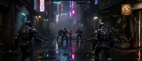 风格：照片级写实，电影变形宽银幕，RED/ARRI 级质感，2487年下城 Seam·夜·浓烟；100%实拍感。clean、low-noise；stable 24fps, natural m…