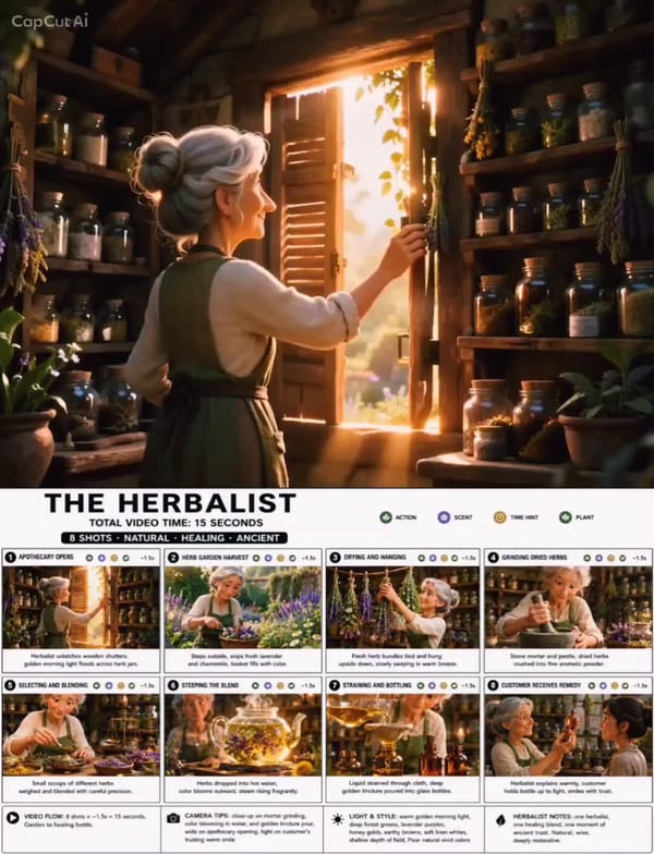 Use the attached THE HERBALIST storyboard image as the exact reference. Create a 12-second 16:9…