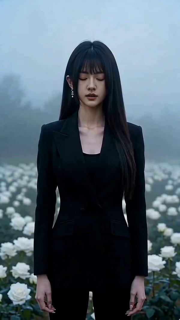 [视觉识别与全球风格] 高强度的超现实音乐场景，极具戏剧张力的电影美学，照片级写实画质，8K分辨率；广阔无垠的白玫瑰花海，背景是浓雾笼罩的阴沉天空；色调冷峻、低饱和度，并伴有高对比度的光影过渡。 0… prompt example