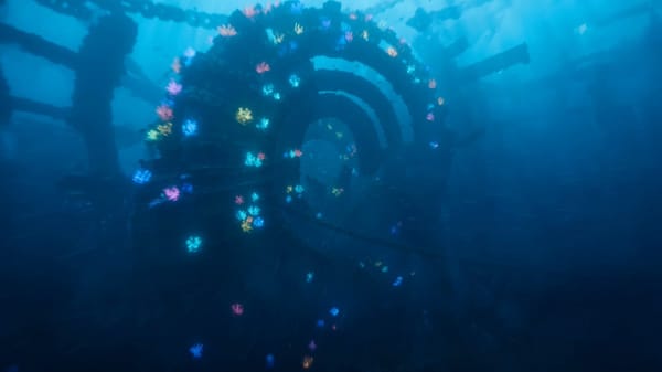 沉浸式第一人称滑行镜头视角，画面中不要出现无人机、潜水员、潜艇或任何飞行设备。镜头从深海中俯冲进入一座被埋在海渊里的失落水下神殿，高速穿过破碎的黑曜石拱门、发光珊瑚、古代海神雕像、漂浮锁链、…