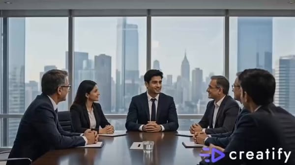 Style: Ultra-realistic cinematic commercial, modern corporate office, premium lighting, dramati…