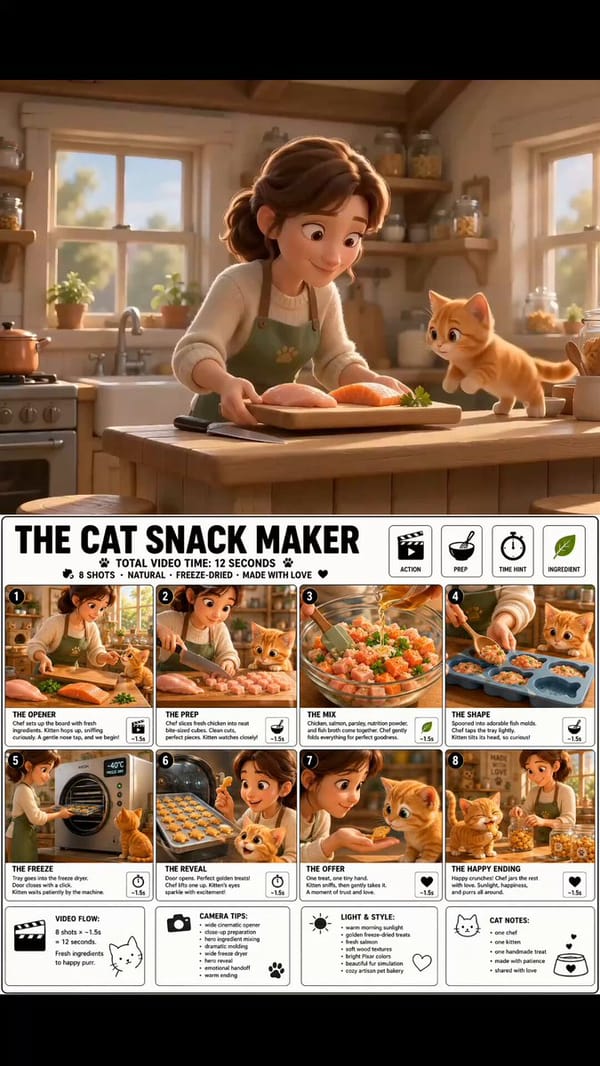 Use the attached THE CAT SNACK MAKER storyboard as the exact visual reference. Create a 12-seco…