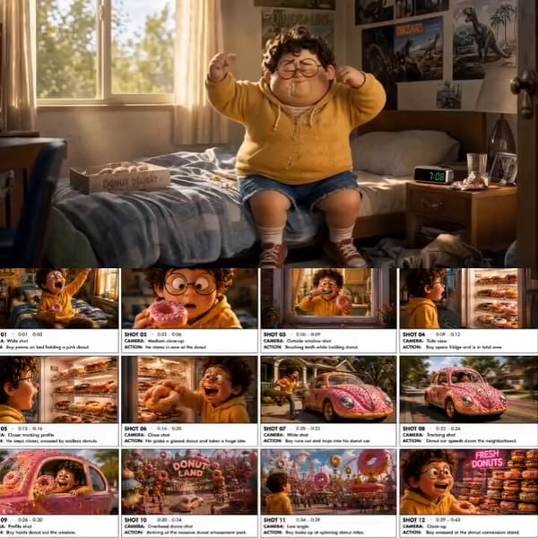 3D animation style commercial sequence tracking a young boy with curly hair, round glasses, and…
