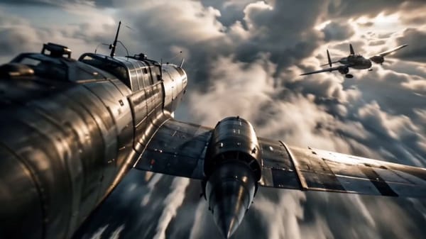 15-second horizontal 16:9 ultra-realistic cinematic aerial combat video. A squadron of fictiona…