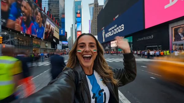 Ultra-realistic cinematic FIFA World Cup travel vlog, energetic hyperlapse mixed with selfie fo…