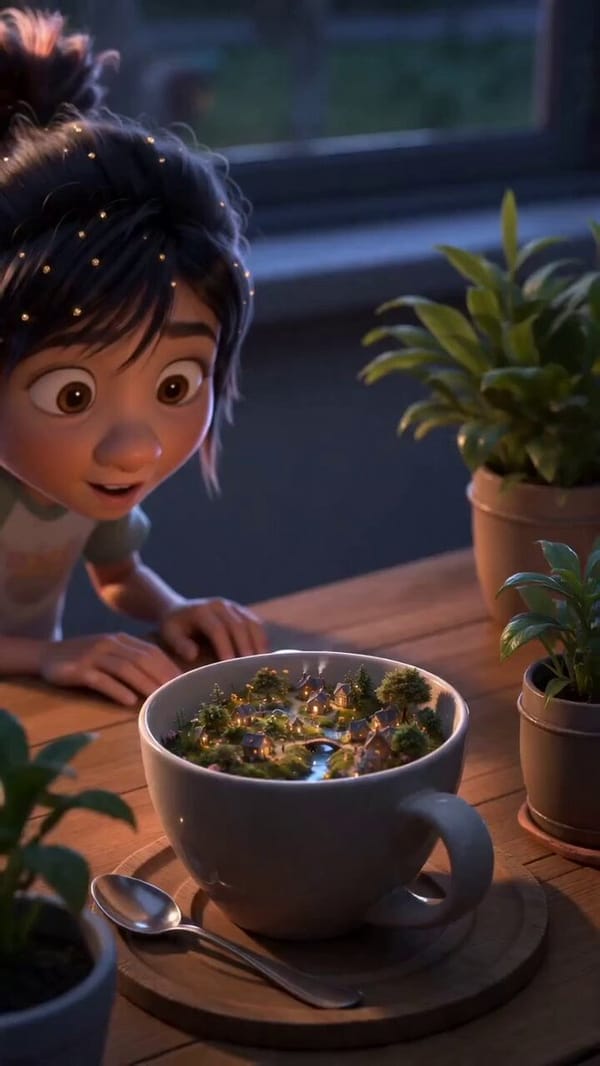 10-Second 3D Animated Tiny World Prompt Scene 1 (0–2 sec) A curious little girl discovers a magical… prompt example