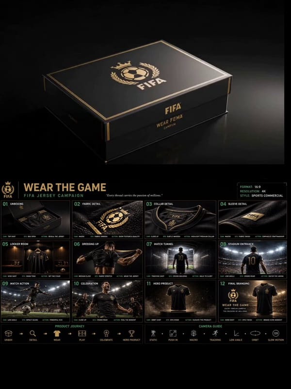 Create a premium 12-panel cinematic storyboard for a luxury FIFA-inspired football jersey commercia… prompt example