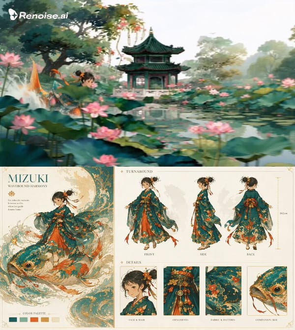 Strict character consistency throughout. The main character is the teal kimono girl “MIZUKI”. H…