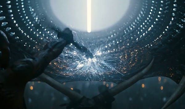 A dark fantasy transformation scene unfolds inside a ritual chamber filled with smoke, cold blu…