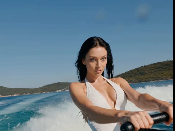 Create a hyper-cinematic continuous single-take wakeboard video behind a speedboat. Use the pro…