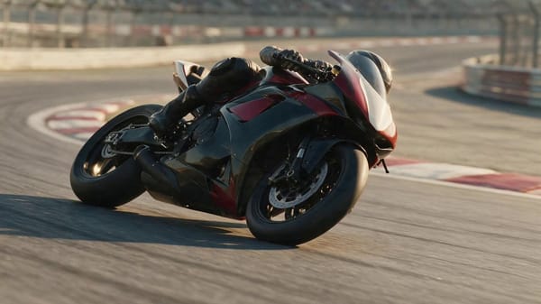 Use the uploaded image as the exact starting frame. A high-end cinematic motorcycle racing shot…