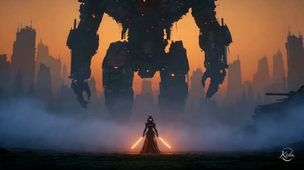 A hooded cyber samurai @[ref1] stands in the haze beneath a ruined megastructure as a colossal…