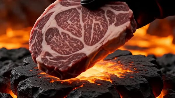 Red Panda chef cooking Wagyu on a volcanic rock. Raw marbled steak → sea salt & rosemary → red…