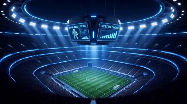 A cinematic 3D animated football story. A massive futuristic stadium under dazzling blue floodl…