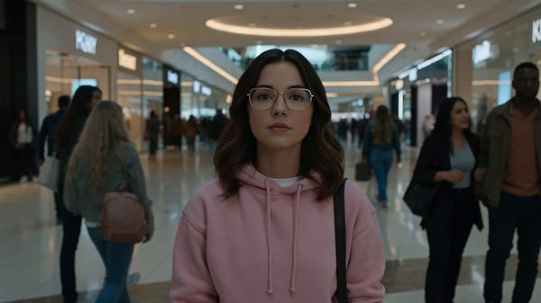 A young East Asian woman in her mid-20s stands calmly in a crowded modern shopping mall. Withou…