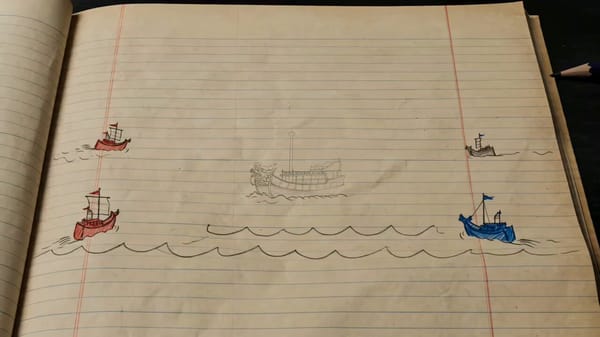 15-second stylized 2D hand-drawn animation, top-down naval battle on old yellow lined notebook…
