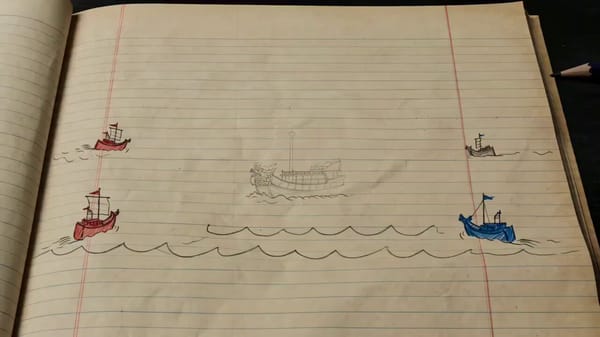 15-second stylized 2D hand-drawn animation, top-down naval battle on old yellow lined notebook…