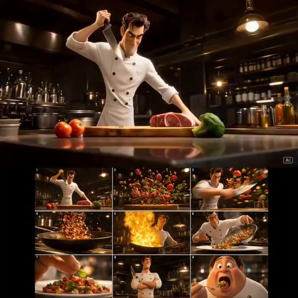 Cinematic 3D animated chef cooking a stir-fry: seasoning, fast chopping, vegetables flying, wok…