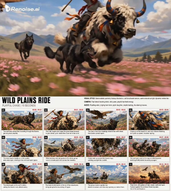 Follow the attached storyboard reference sheet exactly for content, character design, and shot prog… prompt example