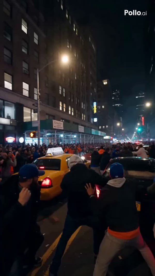 shakey POV handheld shot night nyc city. completely taken over by rowdy knicks fans. cars cannot mo… prompt example