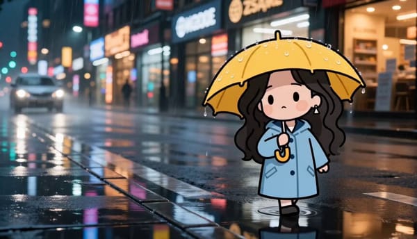 16:9 横版电影感画面。极致真实感的雨夜城市商业街，湿润柏油路、路边积水、真实雨滴、车灯反光、街边商店橱窗、明亮店铺招牌、彩色霓虹和暖黄色室内灯，整体真实、细节丰富、色彩明亮。 唯一不真实…